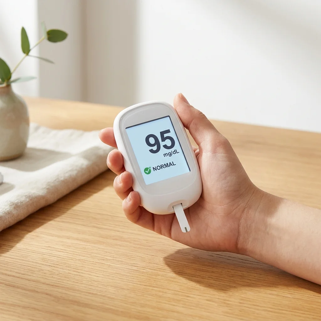Glucose meter showing healthy reading